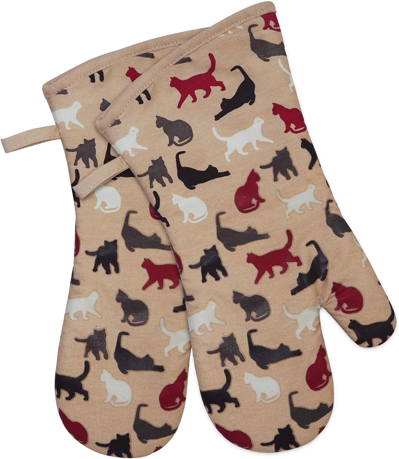 RED LMLDETA Oven Mitts Gloves 1 Pair Heat Resistant 480 ℉ Non Slip Clear Silicone Printed Comfortable Cotton Lining Kitchen Women Men Cooking Barbecue Microwave Machine Washable (Cat, Khaki Mittens)