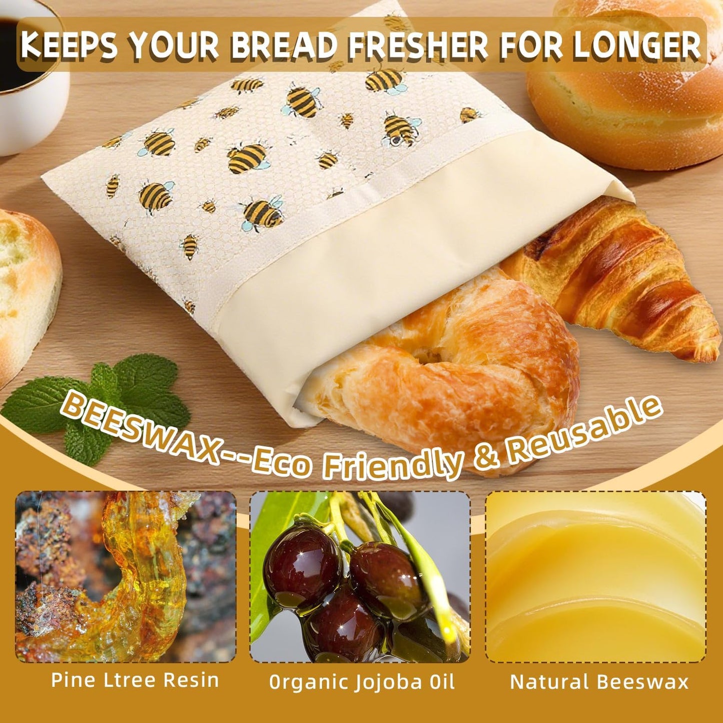 1 Large Beeswax Bread Bags for Homemade Bread Sourdough & 3 Beeswax Wraps, Easy to Clean Reusable Beeswax Breads Bags for Sourdough, 17 X 13 Inch Charming Honeybee Pattern Food Storage Bag