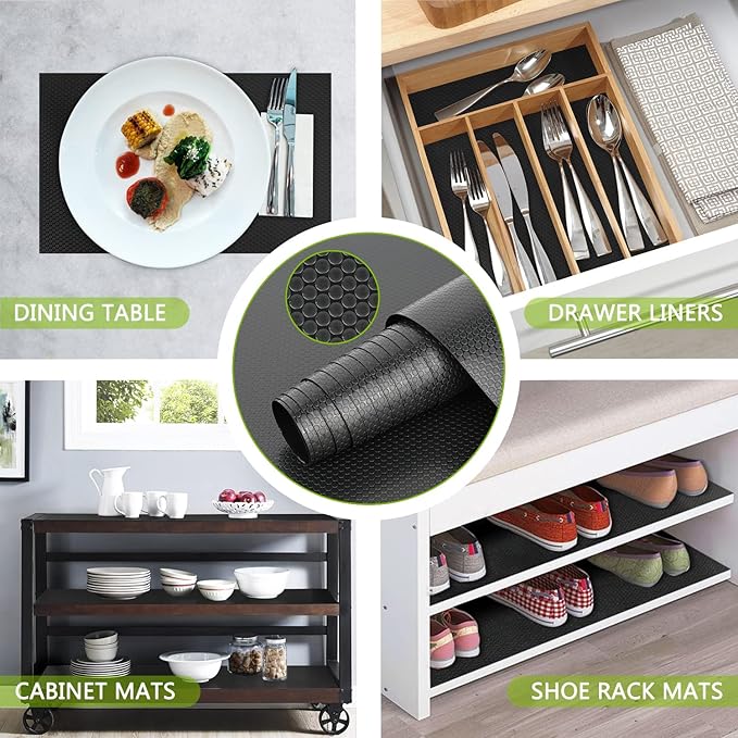 HooTown Shelf Liner Kitchen Cabinet Drawer Mats 11.8 Inch Wide x 6.5 Feet Long, Non Adhesive EVA Rubber Washable Waterproof Pantry Closet, Cupboard, Drawer Organizer Mat, Black