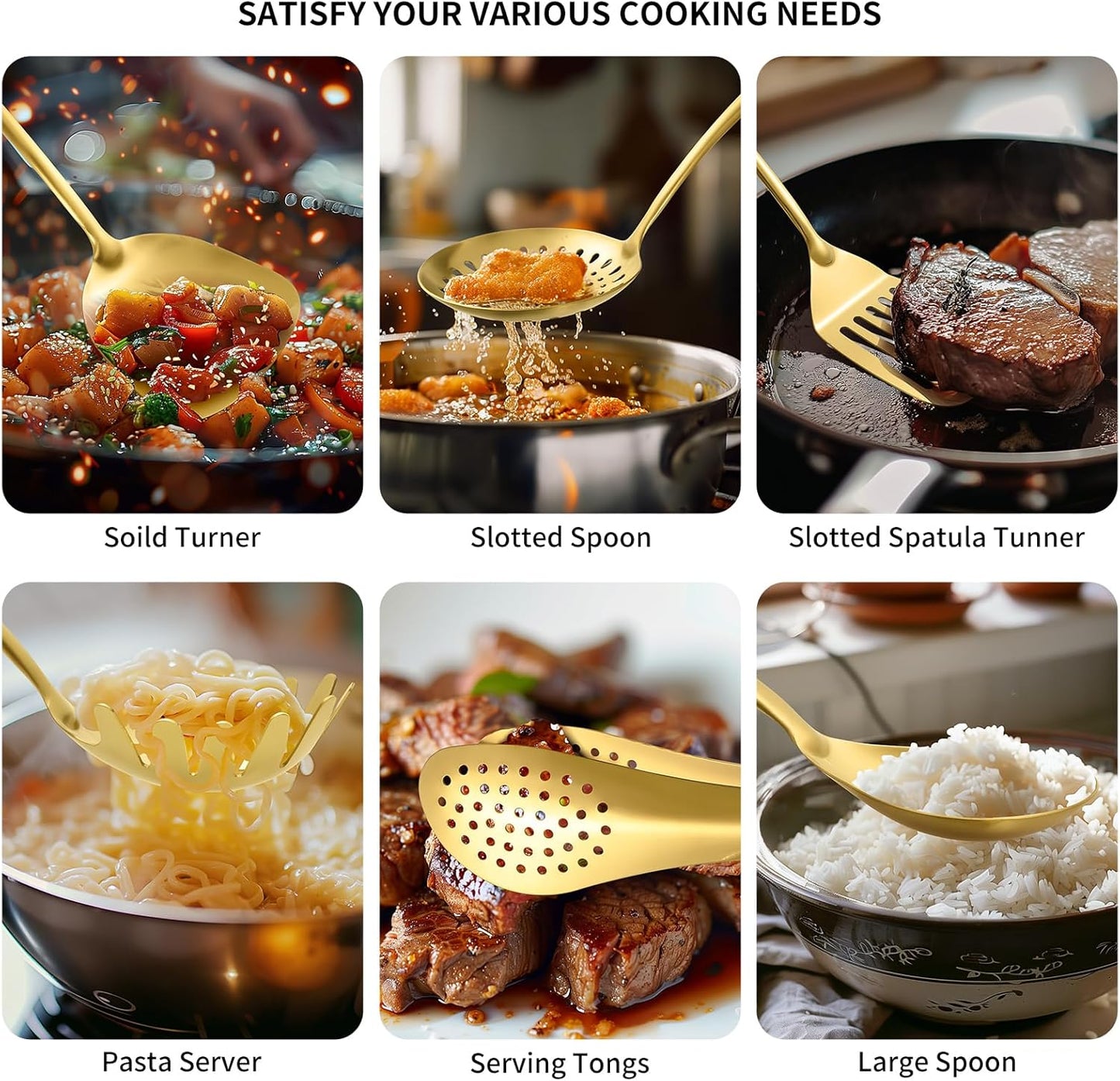 304 Stainless Steel Matte Kitchen Utensils Set, 11 Pcs Long Metal Cooking Utensils Set, Gold Cooking Utensils Set, Dishwasher Safe