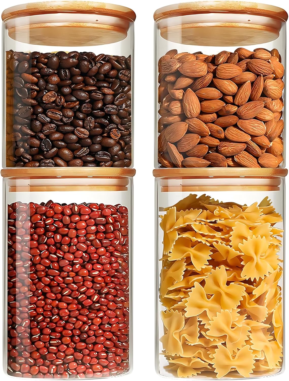 Glass Food Storage Jars Set of 4 with Bamboo Lid Airtight Glass Storage Canister, Cylindrical Kitchen Clear Food Storage Container Jar, for Pasta, Coffee, Cookies, Nuts, Cereal, Oats, Flour