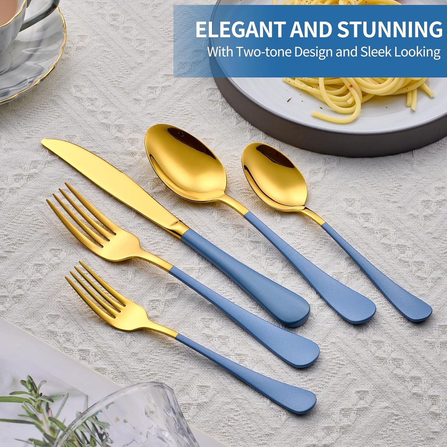 20-Piece Grey blue & Gold Silverware Set, 18/0 Stainless Steel Colorful Handle Flatware Set,Service for 4,Modern Cutlery Set Includes Dinner Knives Forks Spoons,Mirror Polished,Dishwasher Safe