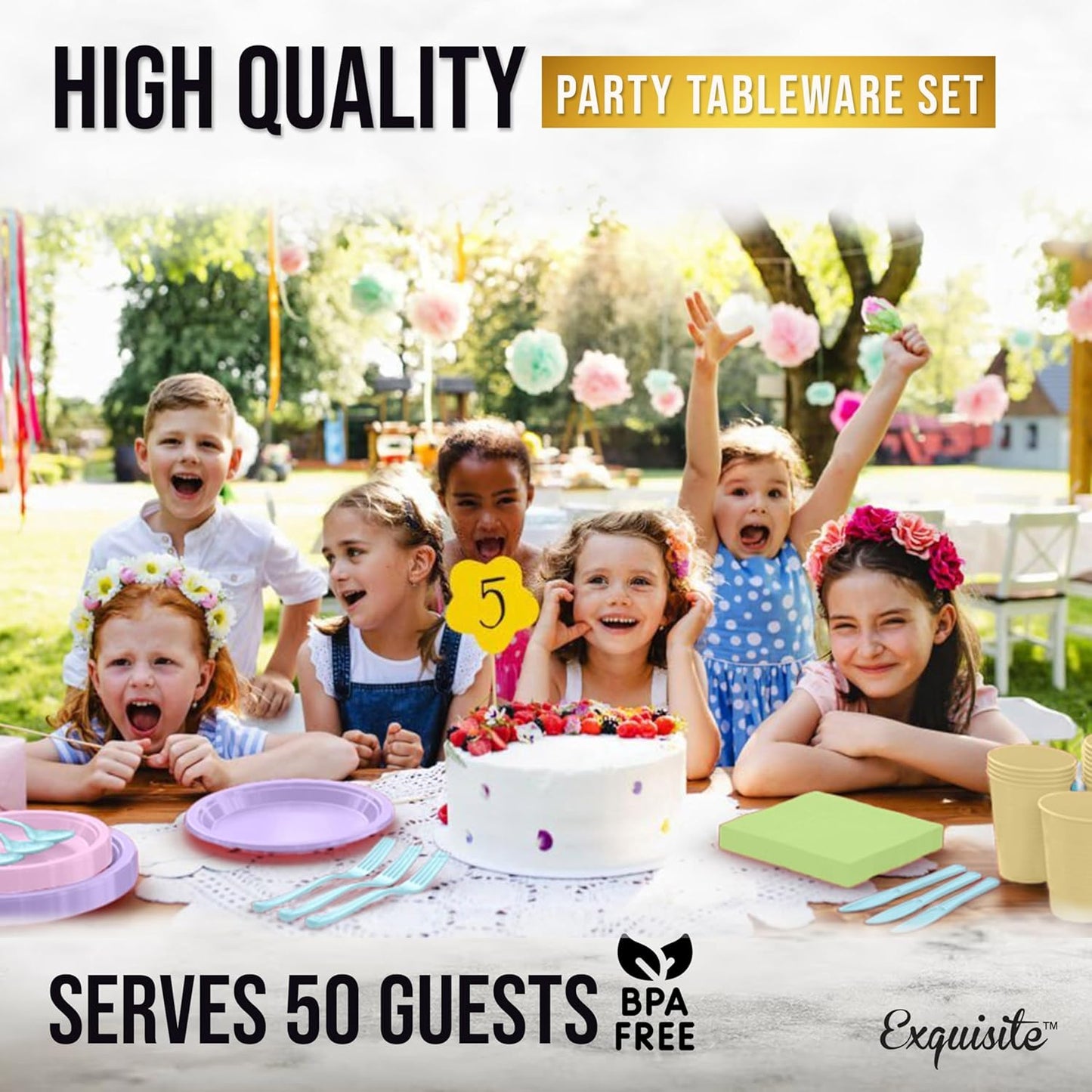 Party Solids 350 Pieces Easter Plates For Party, Easter Disposable Plates Set, 50 Of Each 9" Dinner Plate Set, 7" Dessert Plate, Cups, Napkins & Cutlery Plastic Dinnerware