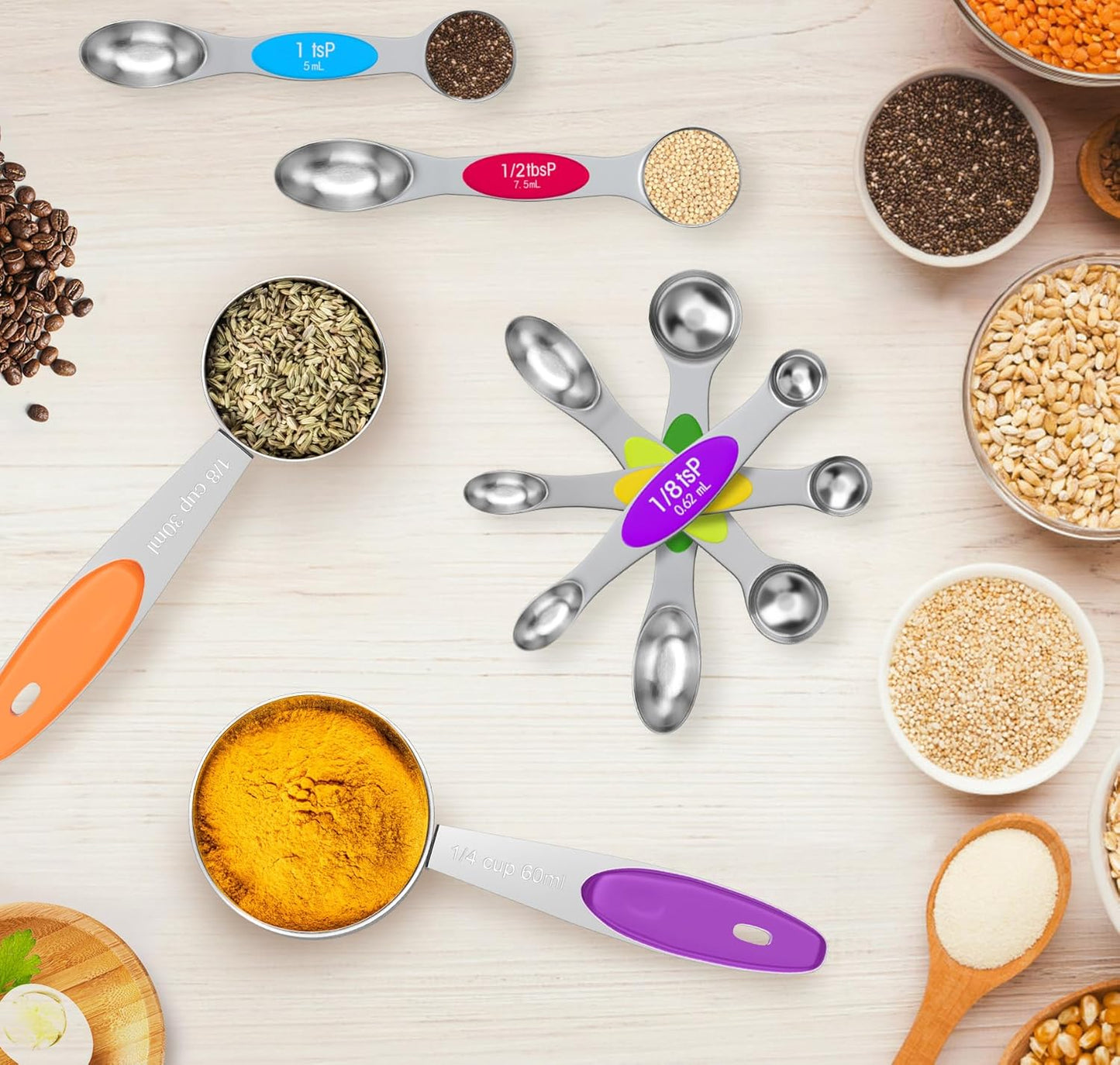 13PCS Magnetic Measuring Cups and Spoons Set - 7 Double-Sided Stainless Steel Magnetic Measuring Spoons & 1 Leveler + 5 Stainless Steel Measuring Cups - Kitchen Baking Tools for Cooking