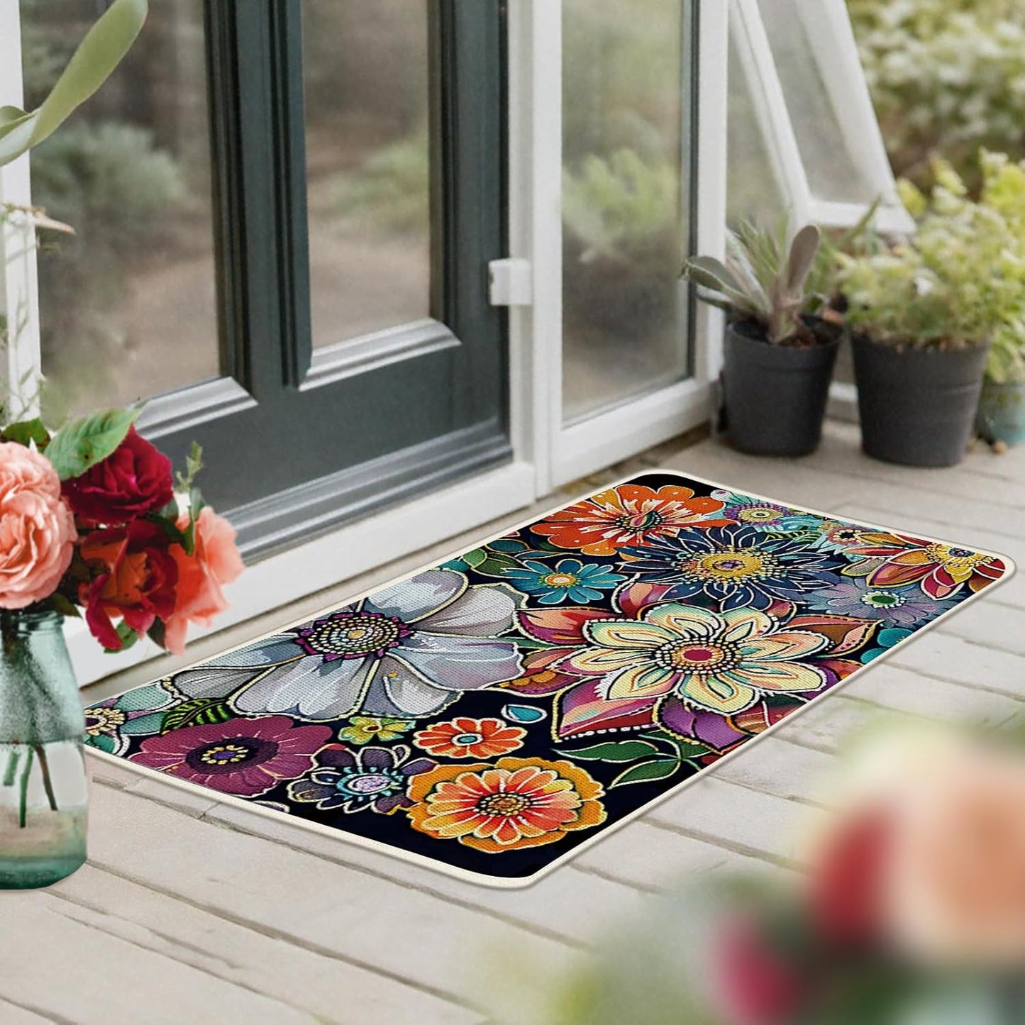 Boho Vintage Floral Kitchen Rugs Set of 2, Colorful Retro Flowers Floor Mats Decor, Bohemian Botanical Door Mat Home Decorations - 17x29 and 17x47 Inches