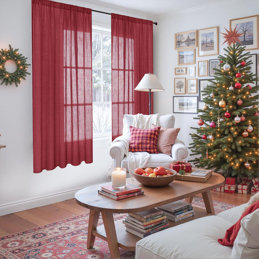 BGment Burgundy Linen Curtains 63 Inches Long for Living Room, Semi Sheer Window Drapes Textured for Farmhouse Bedroom Dining Christmas Decor with Rod Pocket Lightweight, 2 Panels, Each 52 Inch Wide