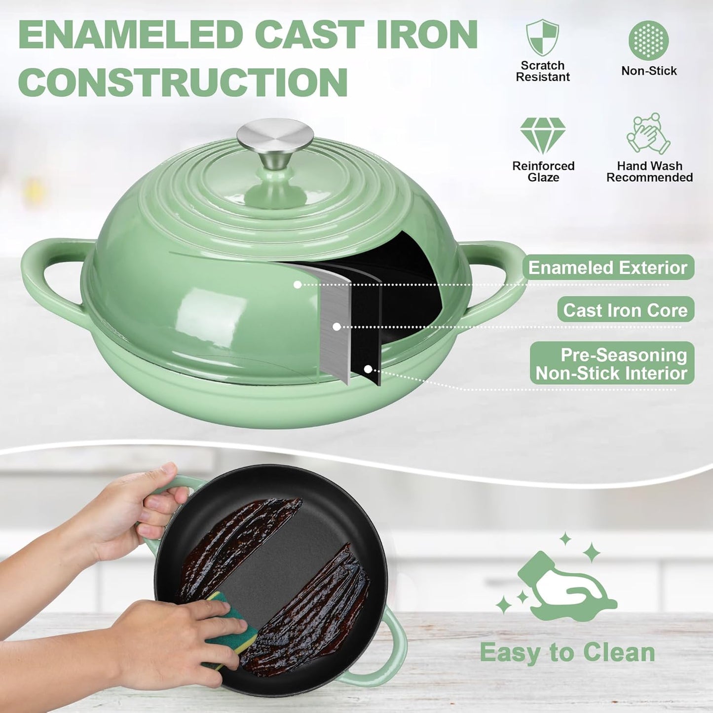 TeamFar Cast Iron Bread Dutch Oven, 6 Qt Enameled Dutch Oven Pot for Sourdough Bread Baking, with Tall Dome Lid & Round Base Pan, Self-Basting & Even-Heating, Heavy-Duty & Non-stick, Pistachio Green