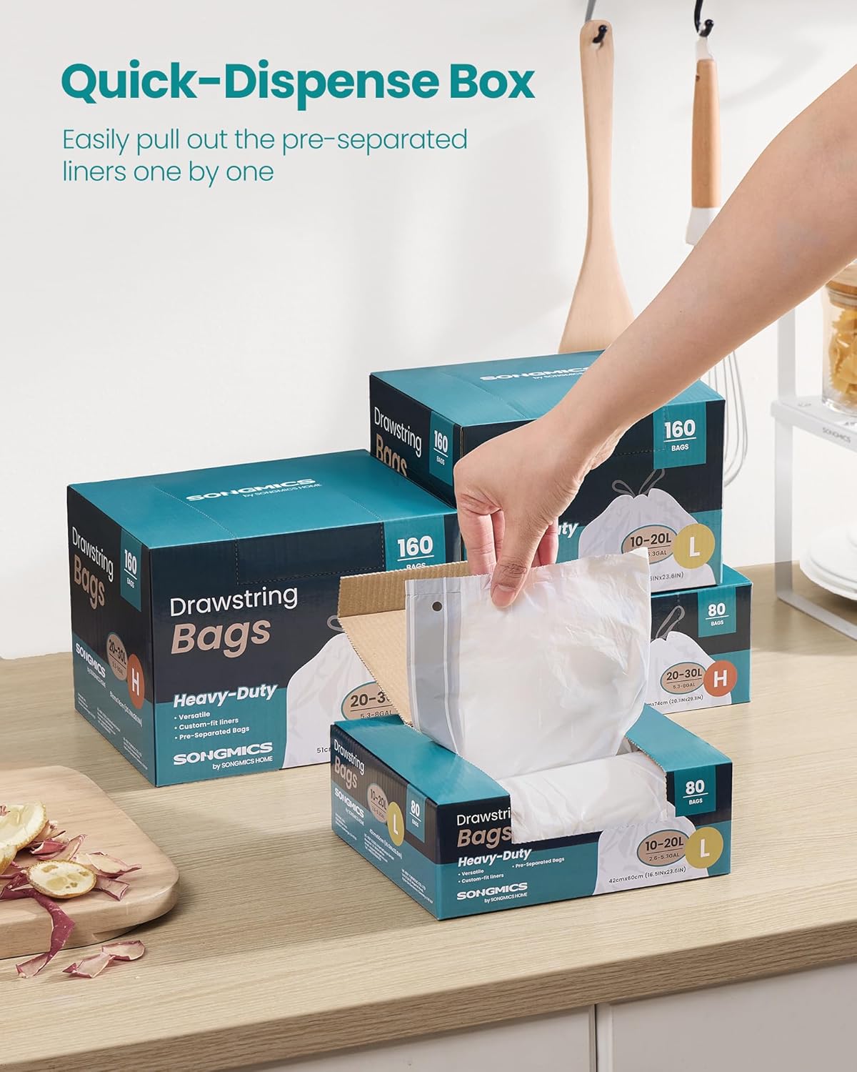 SONGMICS Trash Bags for 5.3 Gallon (20 L) Trash Cans, Drawstring Kitchen Garbage Bags, Pre-Separated, Quick-Dispense Box, Liner Code L, 2 Rolls, 80 Count, White UKRB021A02