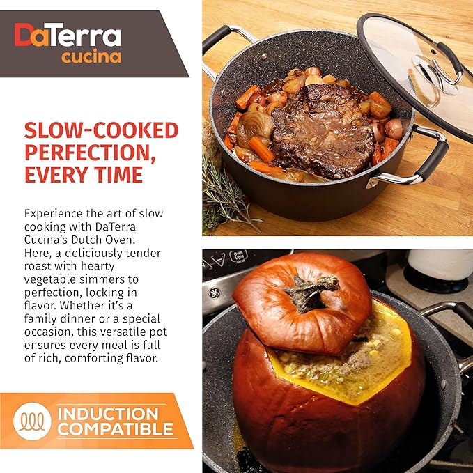 DaTerra Cucina – 8 Qt Nonstick Ceramic Dutch Oven with Lid – Large Oven Safe Stock Pot, Induction Compatible, Lightweight, Lead & PFOA Free, Volcanic Black, Durable Nonstick Cookware – Made in Italy