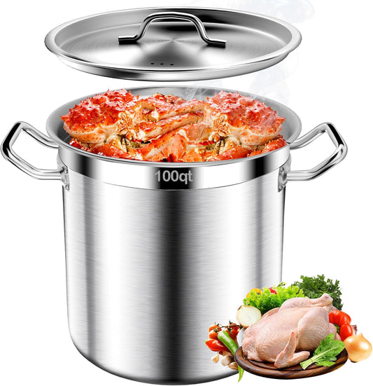 Commercial Grade Large Stock Pot - 100 QT Soup Pot with Lid - Non-Nickel Stainless Steel Stock Pots - Healthy Cookware Polished Stockpots - Heavy Duty Cooking Pots, Cookware Sauce Pots
