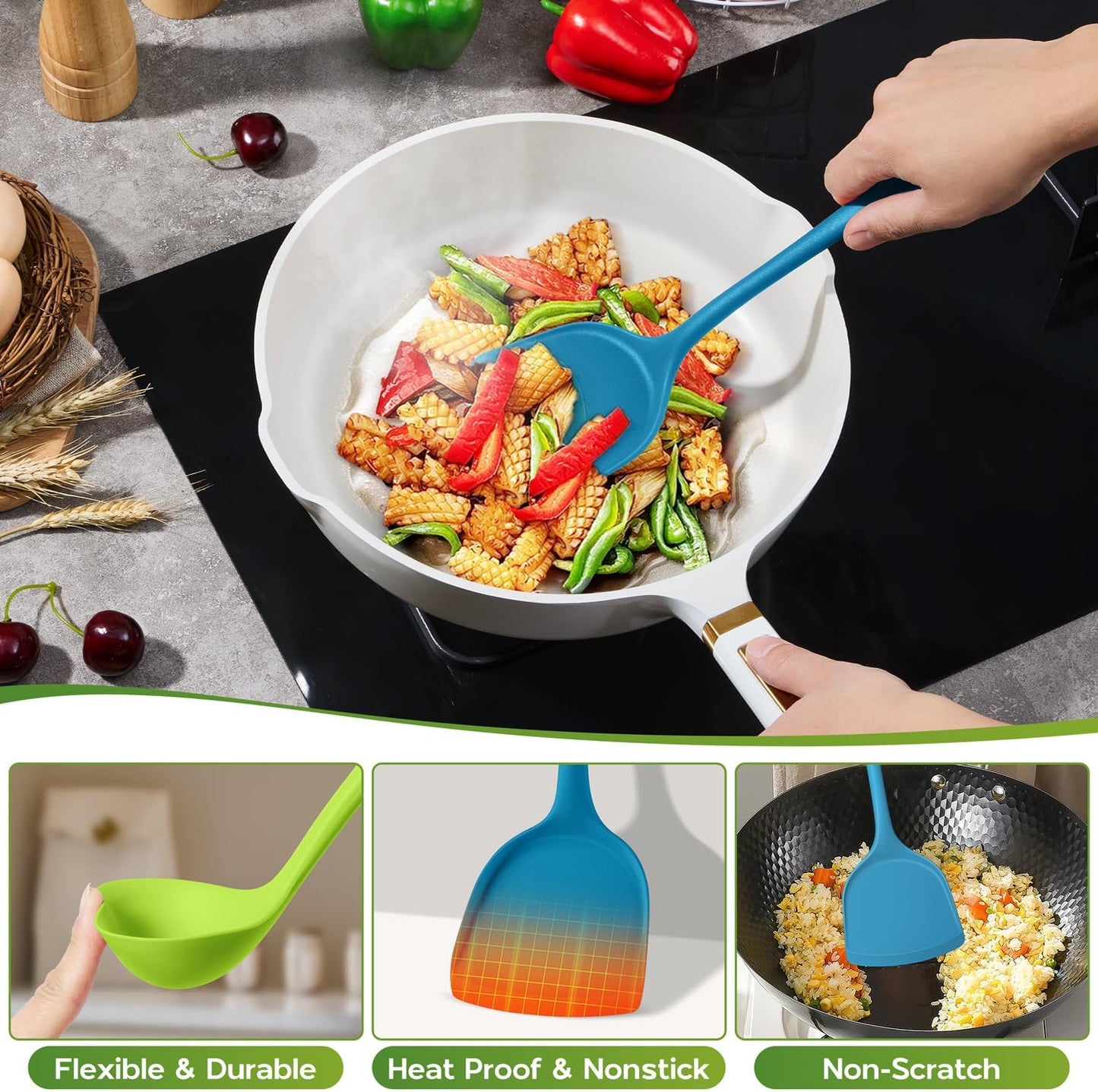 Onader Silicone Kitchen Utensils, Non Toxic Cooking Utensils Set for Nonstick Cookware, Kitchen Gadgets Tools Set of 10 - Colorful