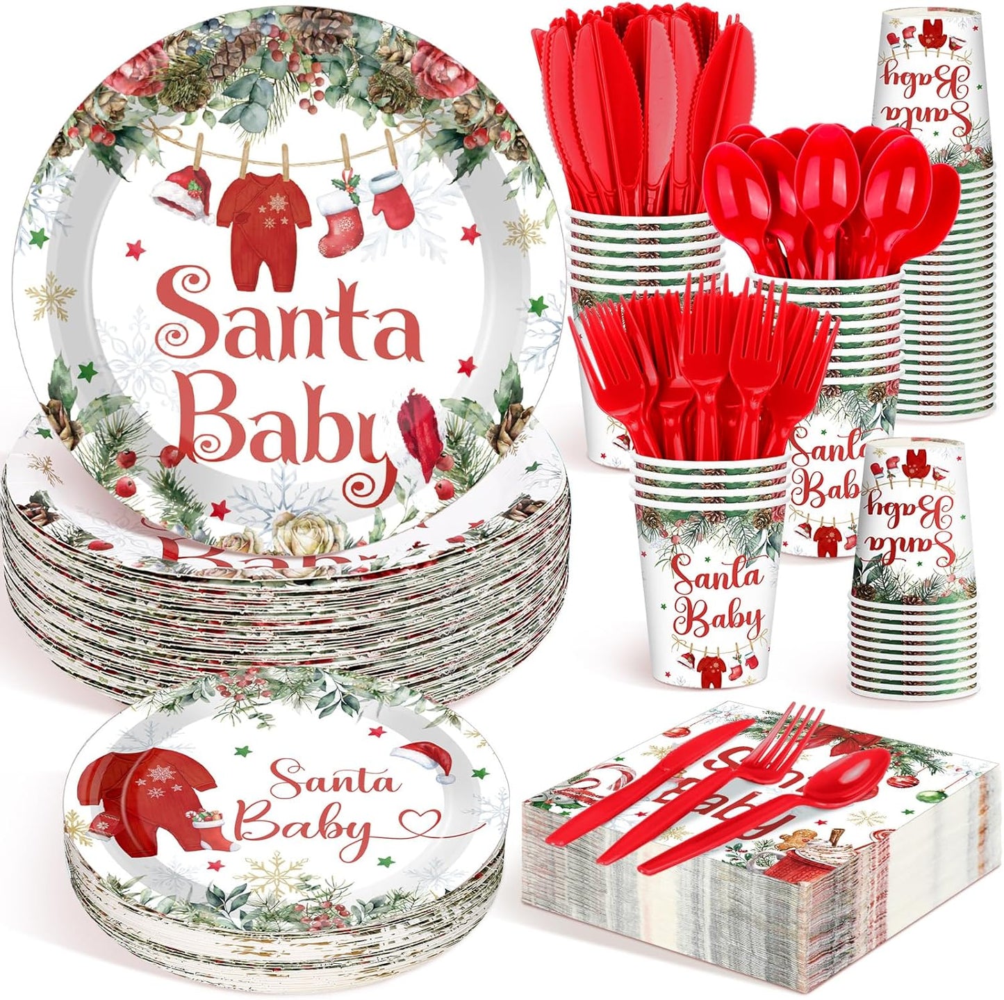 Dandat 350 Pcs Baby Shower Plates Set Baby Shower Party Supplies Serves 50 Tableware Sets Include Plates Napkin Cup Forks Knives Spoons Disposable Dinnerware (Christmas Santa Babies,Red)