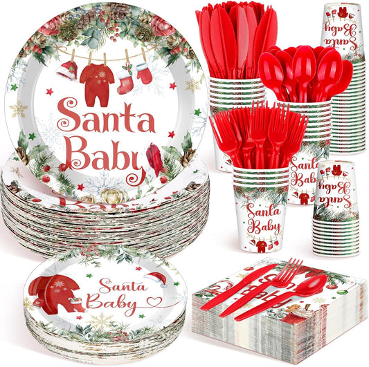 Dandat 350 Pcs Baby Shower Plates Set Baby Shower Party Supplies Serves 50 Tableware Sets Include Plates Napkin Cup Forks Knives Spoons Disposable Dinnerware (Christmas Santa Babies,Red)