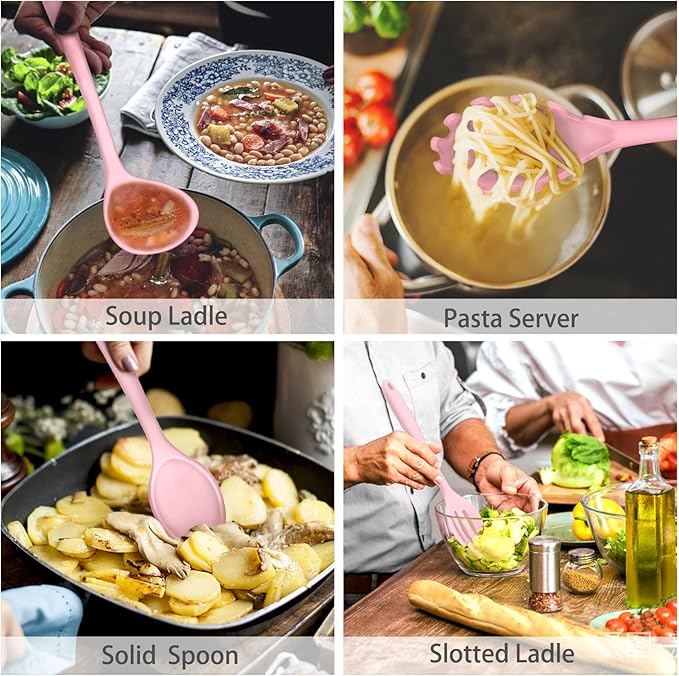 P&P CHEF Silicone Cooking Utensils Set of 7, Heat-proof Kitchen Utensils Set for Nonstick Cookware, Non-stick Spatula, Slotted Turner, Soup Ladle, Pasta Server, Spoon for Cooking Serving - Pink