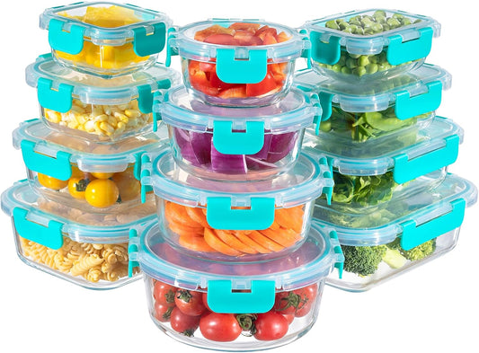 MFY 12-Pack Glass Storage Containers with Lids, Glass Meal Prep Containers Set, Airtight Lunch Containers with Lids, Microwave, Oven, Freezer and Dishwasher Safe, Green