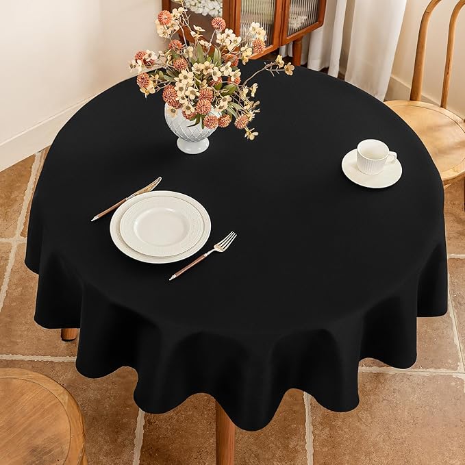 Fabric 60 Inch Black Round Table Cloth, Faux Linen Textured Stain Resistant & Wipeable Circle Tablecloth, Washable for Dinning Kitchen Party