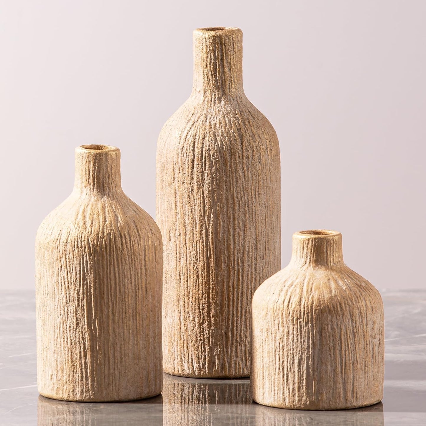 Ceramic Vase Home Table Decor - Gold Flower Vase Set of 3 Living Room Kitchen Decorations Farmhouse Modern Rustic Vases Decorative Centerpiece for Shelf Bedroom Office Bathroom Dining Coffee Desk