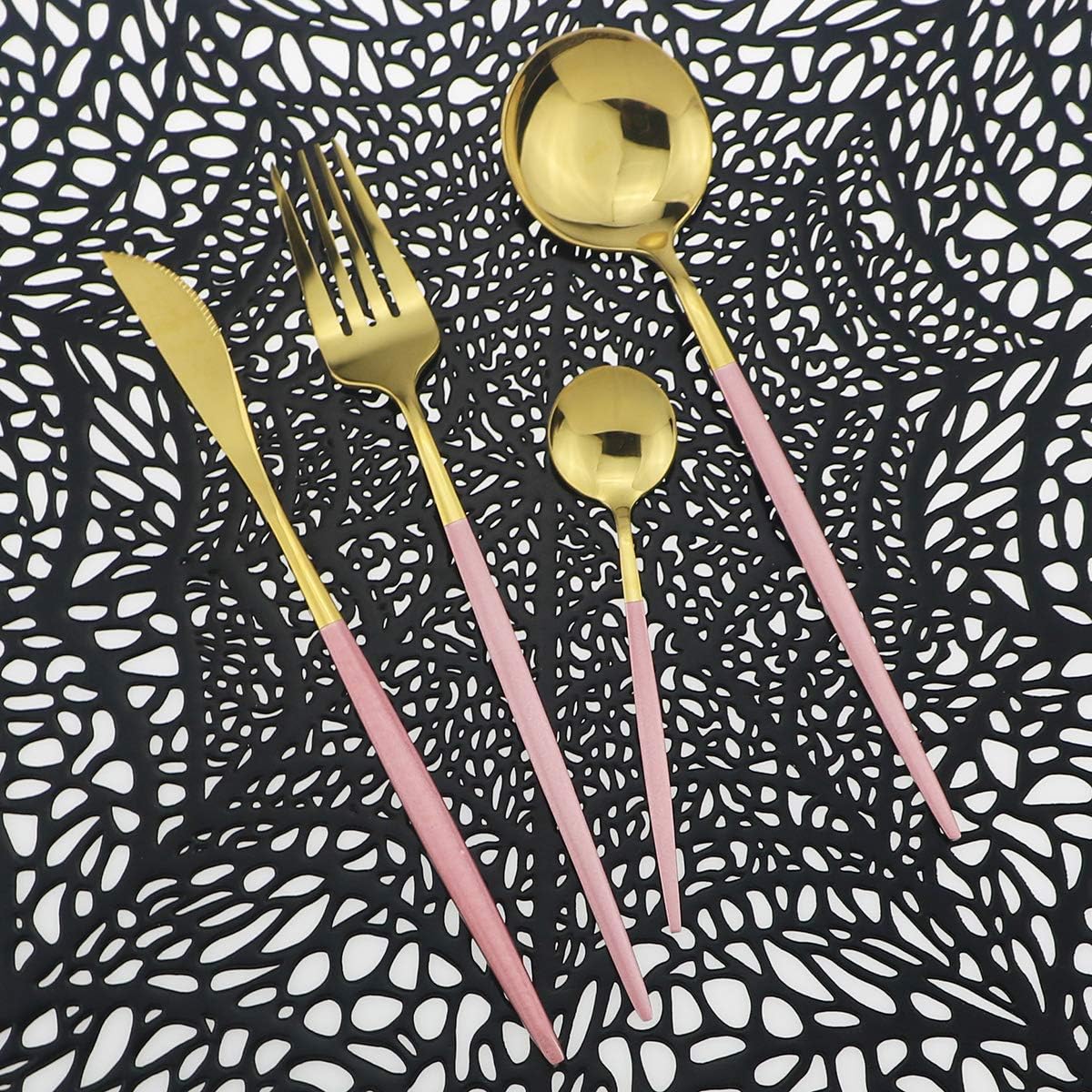 Shiny Silverware Sets, 24-Piece Elegant Cute Pink Handle Gold Cutlery set,304 Stainless Steel Silverware Set for Eating Home Kitchen Hotel Restaurant, Sets for 6 People, Dishwasher Safe