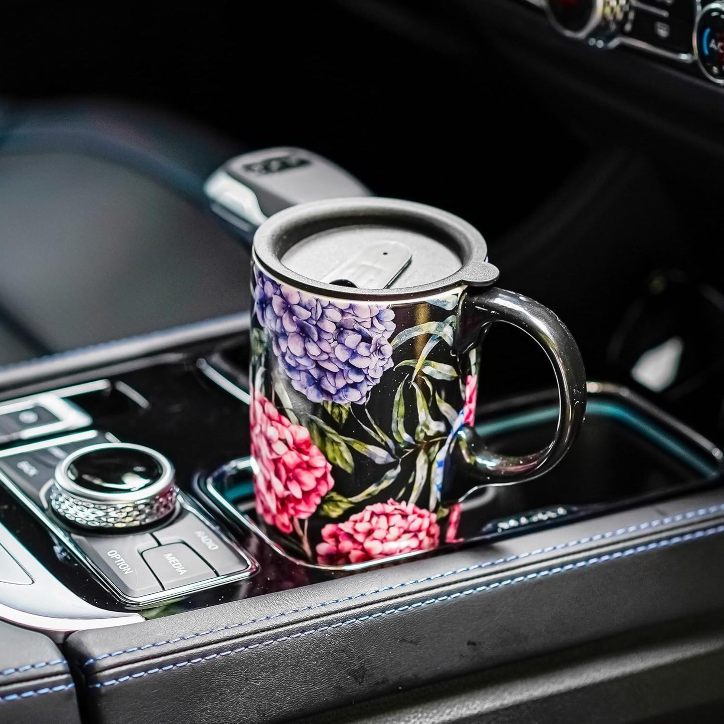 Topadorn Ceramic Coffee Mug Tall Ceramic Cup with Lid and Color Box 17 oz.,Pink and Purple Flowers