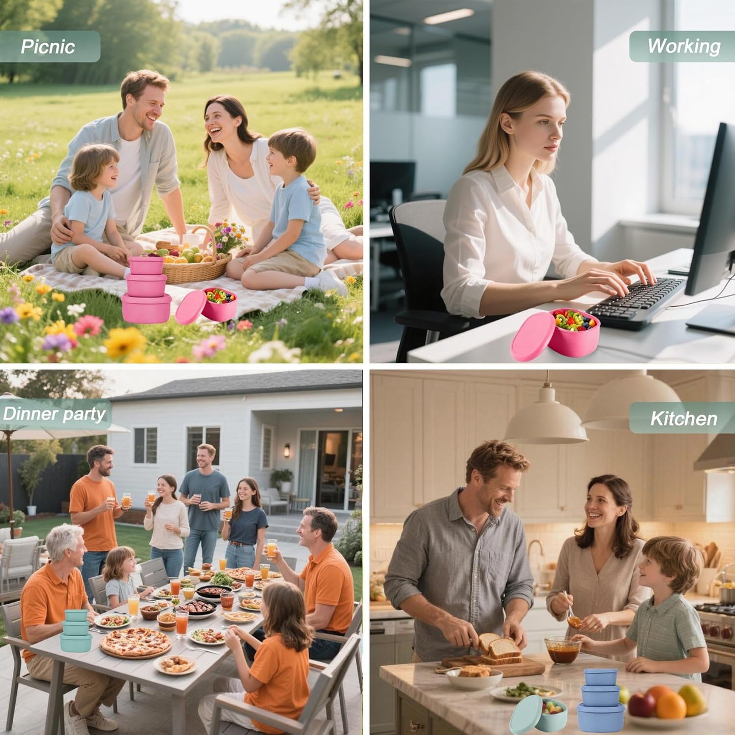 Reusable Nesting Silicone Food Storage Containers, Set of 3 Lunch Box Bento with Lids, Airtight Snack Container, BPA Free, Dishwasher Microwave Oven Freezer Safe (6.7oz, 10oz, 20oz) (Green)