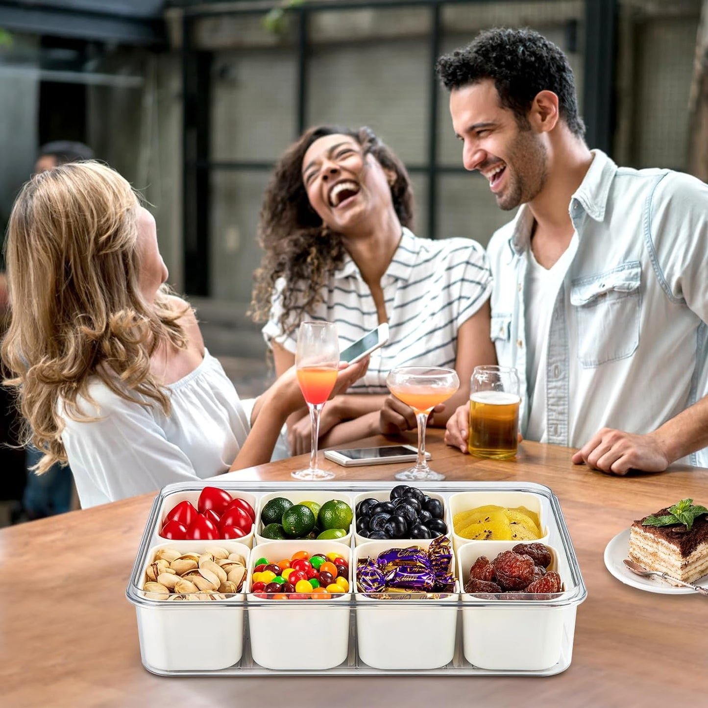 Divided Serving Tray with Lid and handle,Portable Snack Box Container Snack,Veggie Tray Charcuterie Boxes Fruit Tray Candy Organizer For Entertaining,Party,Picnic,2Pack