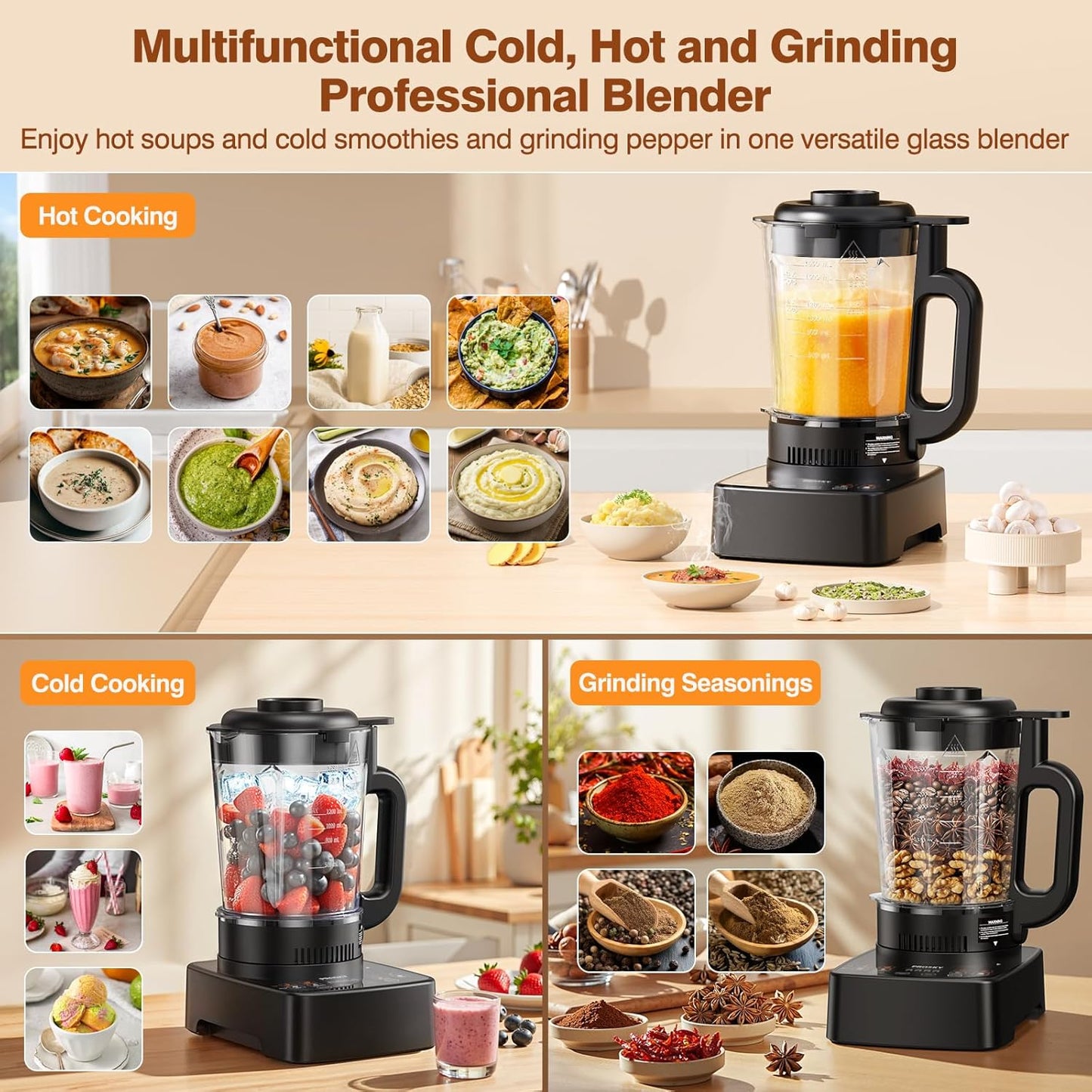 Blenders for Kitchen with Glass Jar, PRASKY 1500W Professional Heating Blender 55oz, 25000 RPM High Speed Protein Shake, Smoothies Blender Keep Warm, Auto Clean for Food Soups Sauces