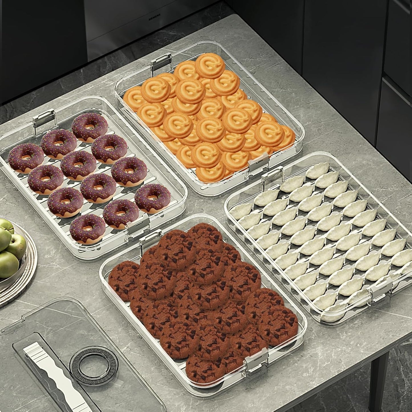 Food Storage Containers with Lids,4-Layer Plastic Cookie Storage Containers Airtight,Stackable Cookie Carrier for Transport Dumpling Storage Box,Green