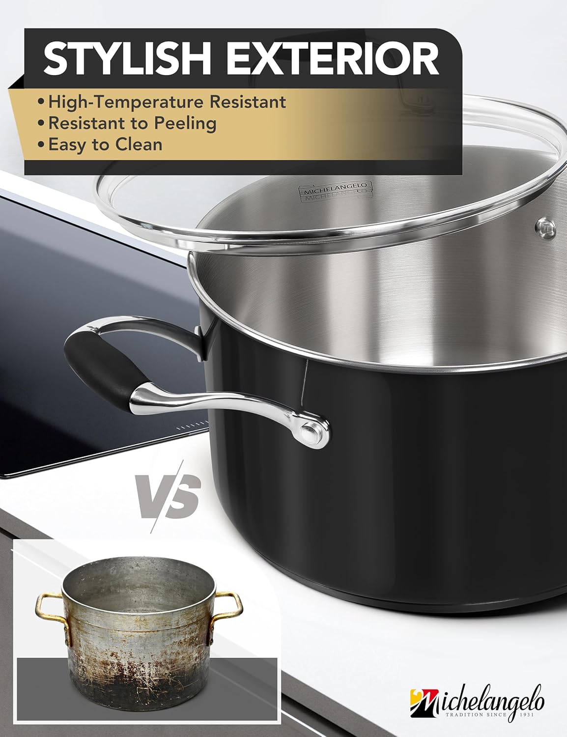 MICHELANGELO Stainless Steel Cooking Pot - 6 Quart Soup Pot with Lid, Non-Toxic Stockpot Induction Compatible, Oven & Dishwasher Safe, Black Exterior