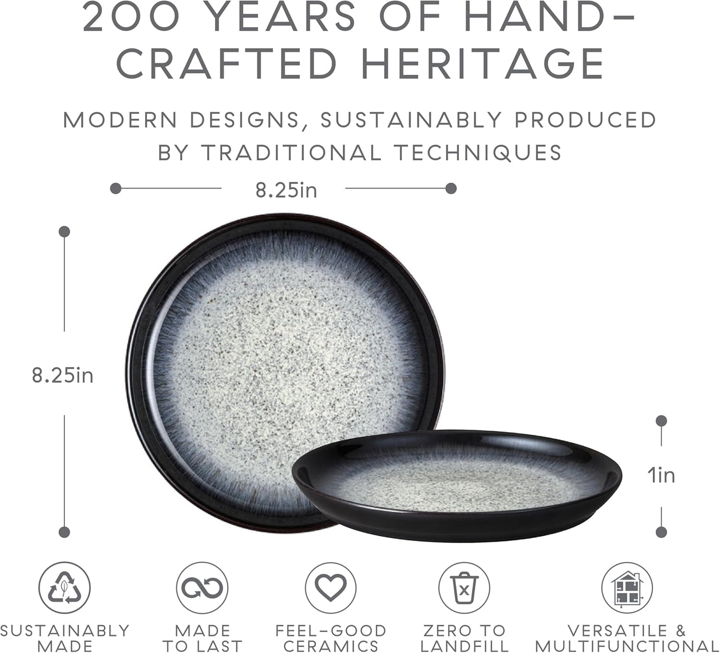 Denby - Halo Coupe Salad Plates Set of 6-8.25 Inch Reactive Glaze, Dishwasher Microwave Oven Safe - Scratch Chip Resistant Lunch, Appetizer, Dessert Plates - Grey, Black Stoneware Dinnerware Set