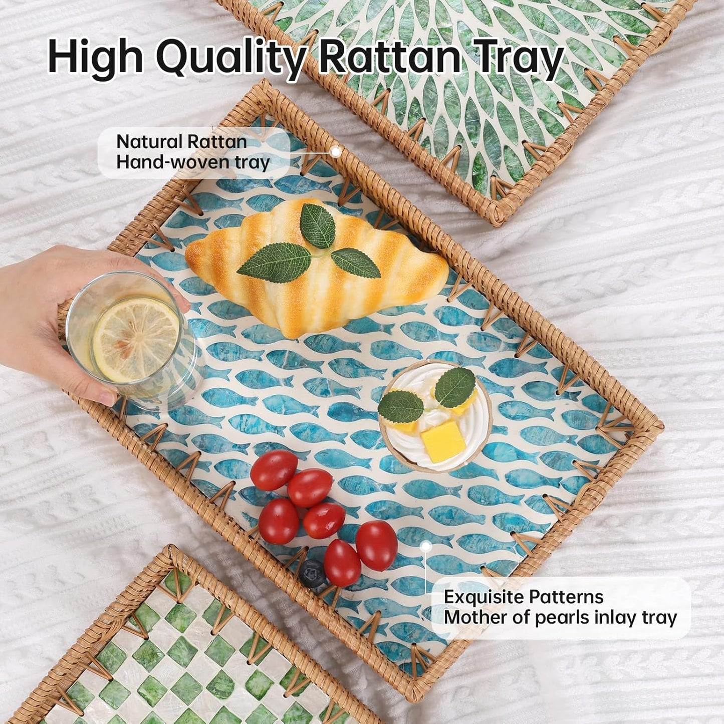 Rectangle Rattan Tray with Mother of Pearl Inlay, Rattan Serving Tray with Handle for Coffee, Bread, Fruits, Snacks, Decorative Wicker Tray for Table Decor (Rectangle Turquoise Fish, 13"×9")