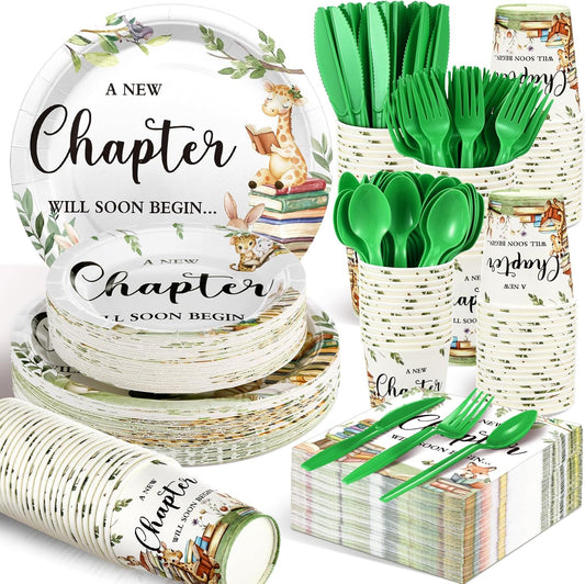 Dandat 350 Pcs Baby Shower Plates Set Baby Shower Party Supplies Serves 50 Tableware Sets Include Plates Napkin Cup Forks Knives Spoons Disposable Dinnerware(Storybook,Green)