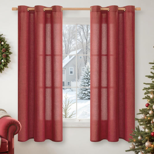 YoungsTex Red Linen Curtains 63 Inch Length for Living Room, Light Filtering Window Drapes with Bronze Grommet Semi Sheer Privacy for Bedroom, 42 x 63 Inch, 2 Panels
