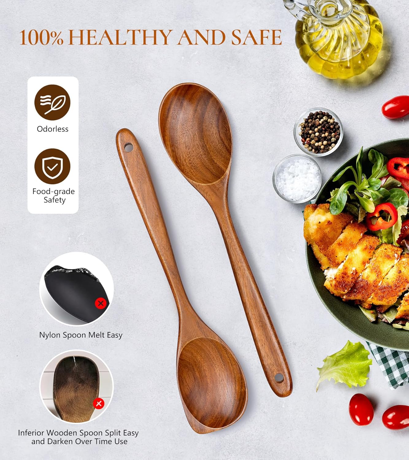2Pcs Wooden Spoons for Cooking, Natural Premium Teak Wood Spoon & Corner Spoon, Good Grip Large Cooking Spoons Spatula, Heat Resistant Wooden Kitchen Cooking Utensils Set for Nonstick Cookware