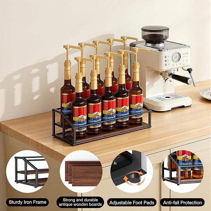 Coffee Syrup Organizer Rack, Liquor Bottle Display Shelf, 2 Tier 10 Syrup Bottles Holder Stand for Coffee Bar Kitchen Small Wine Rack for Family Storage for Syrup Wine Dressing