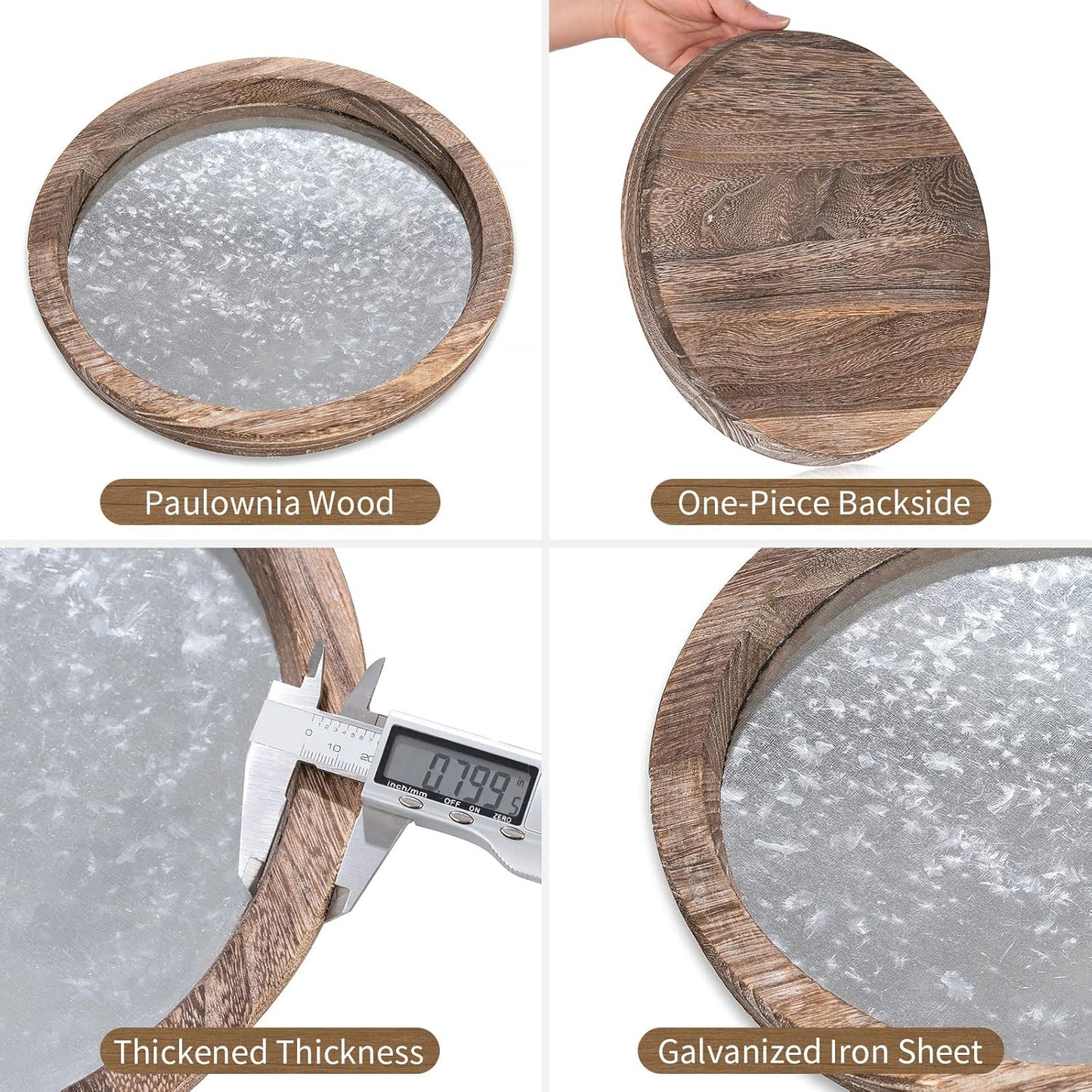 Hanobe Round Wood Decorative Tray: Set of 2 Farmhouse Wooden Galvanized Trays for Coffee Table Centerpiece Rustic Vintage Candle Platter for Ottoman Home Decor Kitchen Bathroom Bar Countertop