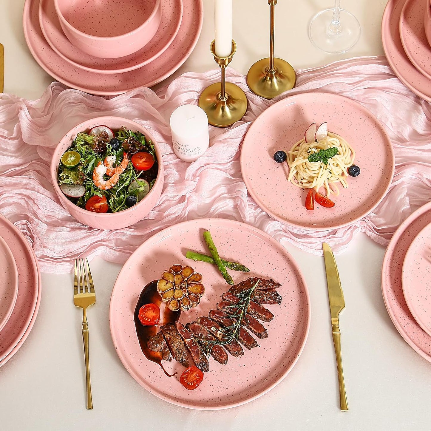 GZG Modern Art Series - 24 Pcs Speckled Stoneware Plates and Bowls Sets, Ceramic Dinnerware Set with Rustic Terracotta Underside, Microwave and Dishwasher Safe Handcrafted Dishes Set - Blush Pink