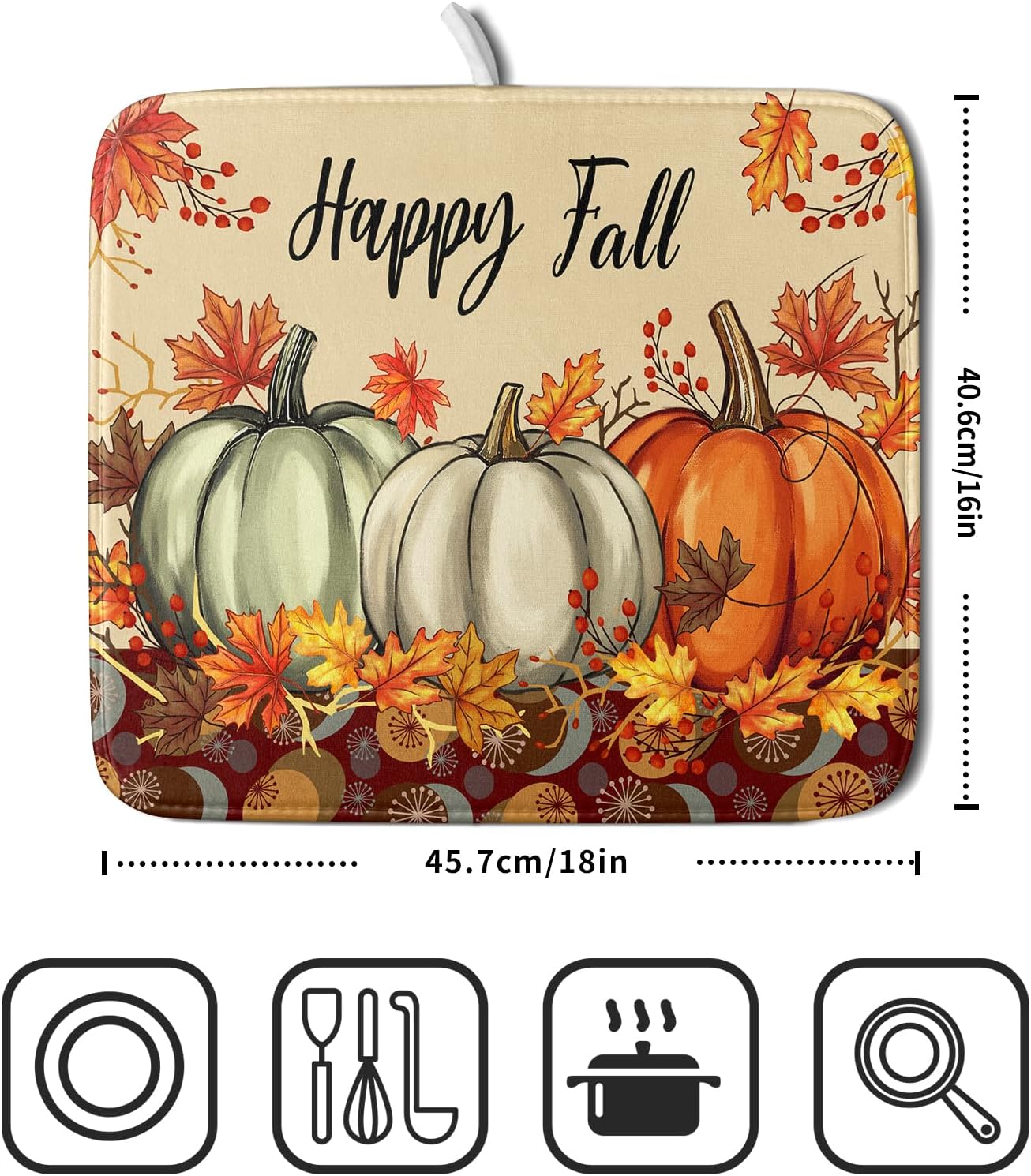 Happy Fall Dish Drying Mats 16x18 Inch, Autumn Orange Pumpkin Maple Leaves Seasonal Style Microfiber Drainer Rack Absorbent Pad for Kitchen Countertop Coffee Bar Holiday Decor