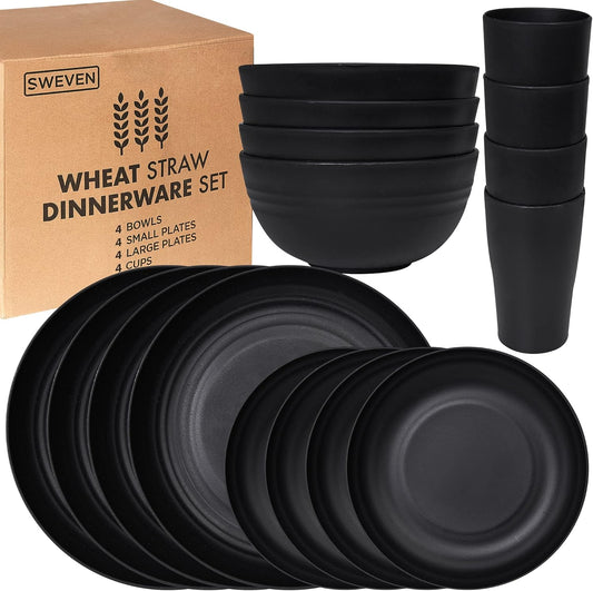 Wheat Straw Dinnerware Sets | Unbreakable Dinnerware Sets | Dishwasher Microwave Safe Dinnerware | Eco Friendly Non Breakable Dinnerware Sets | RV Outdoor Camping (Black, Service for 4 (16 pcs))