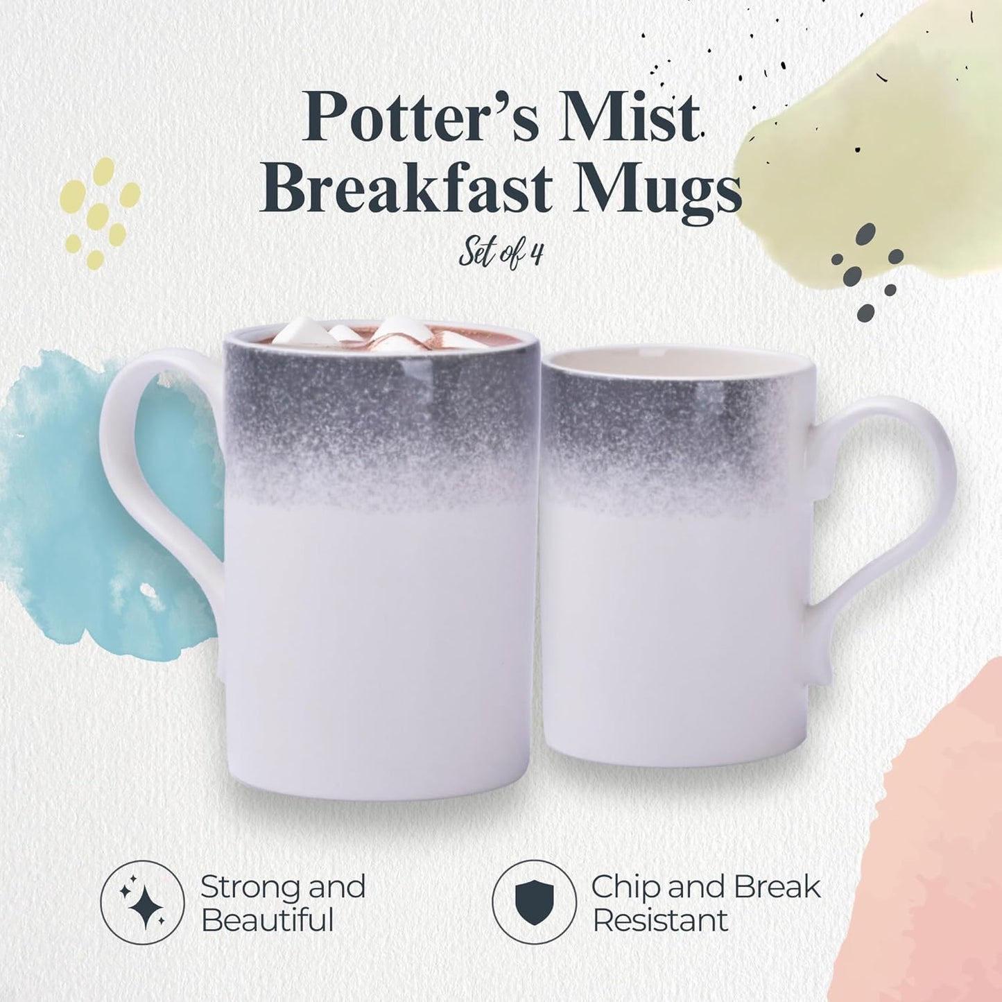 Portmeirion Potter's Mist Breakfast Mug (Set of 4) - 9oz White Ceramic Mugs with Grey Mist Pattern - Microwave, Dishwasher, Freezer Safe Earthenware Mugs for Tea & Coffee Lovers (Grey)