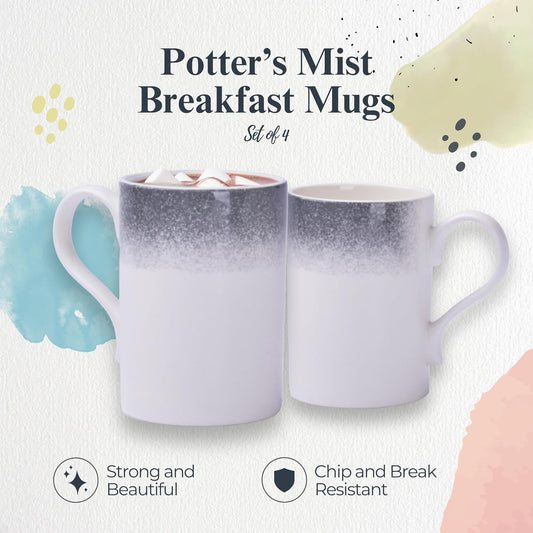 Portmeirion Potter's Mist Breakfast Mug (Set of 4) - 9oz White Ceramic Mugs with Grey Mist Pattern - Microwave, Dishwasher, Freezer Safe Earthenware Mugs for Tea & Coffee Lovers (Grey)