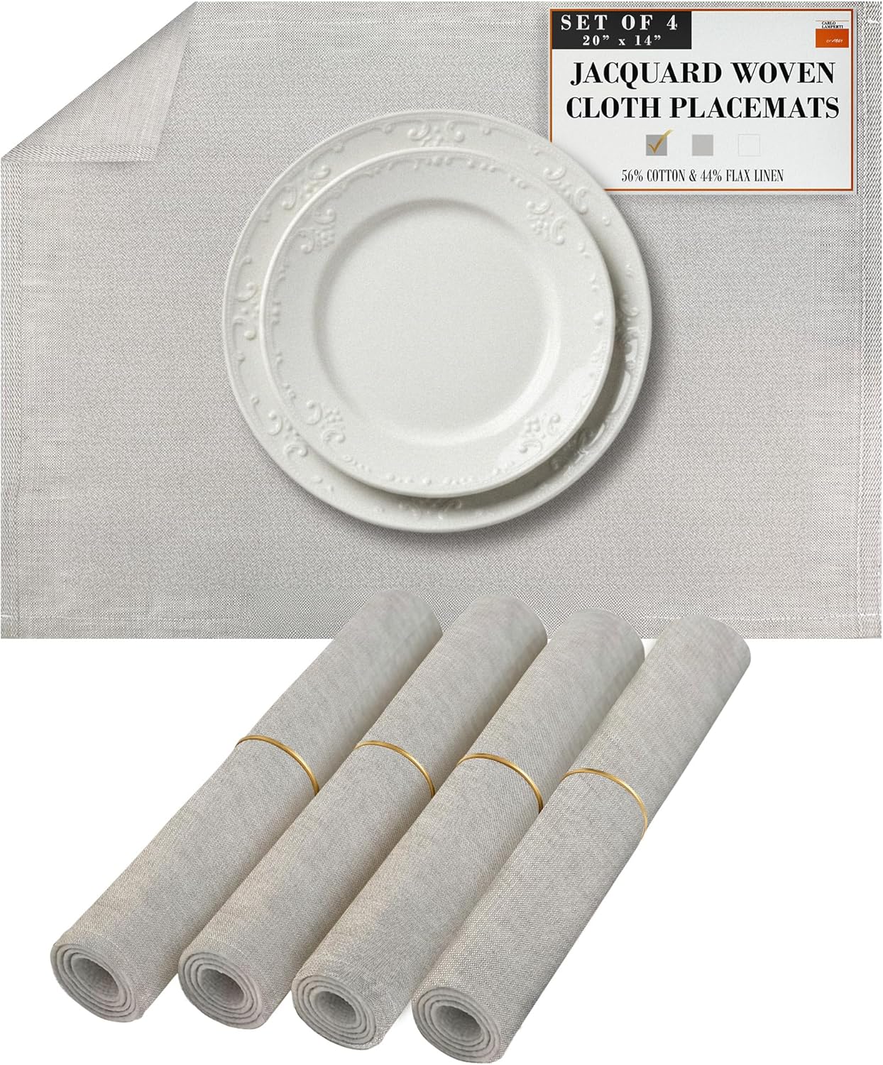 Premium European Cloth Table Linen Placemats - 56% Cotton 44% Linen Fabric, Jacquard Woven Design - for All Occasions or Daily Use - Machine Washable - Carlo Lamperti Italy - Sage, 20"x14" (Set of 4)