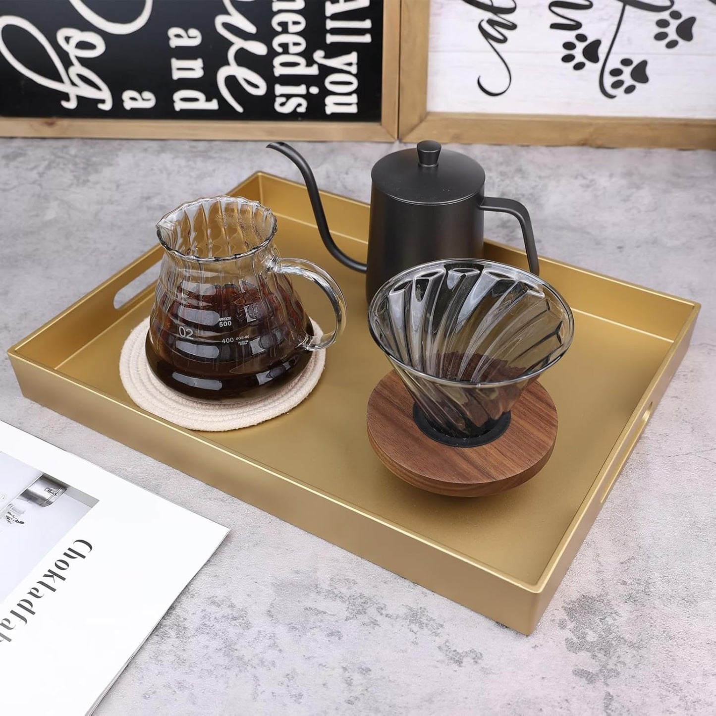 Gold Serving Tray for Coffee Table, Rectangular Plastic Decorative Tray with Handles for Entertaining, Outdoor Patio, Living Room, Ottoman, Bathroom Counter, 11.8”*15.7”*1.6”