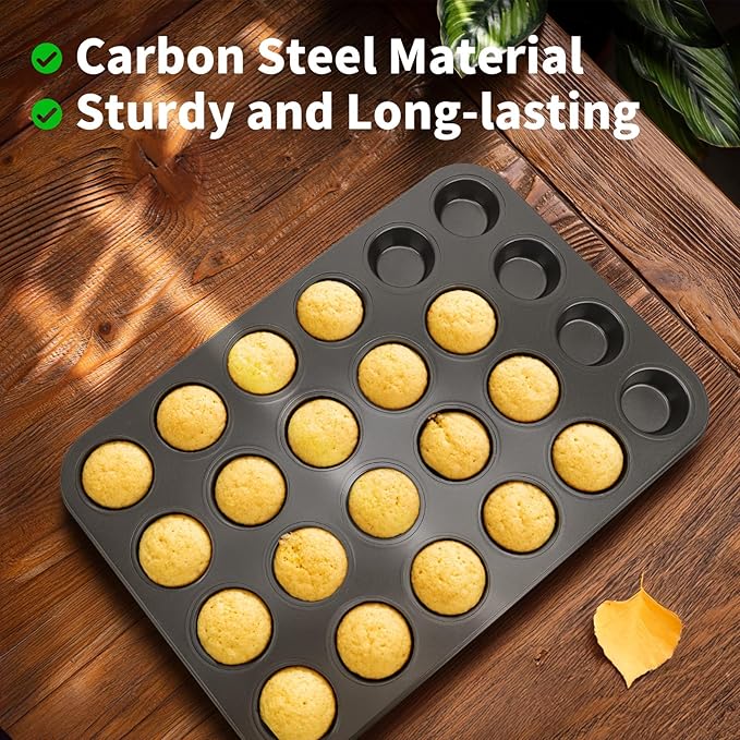 Beasea Mini Muffin Pan 24 Cups Nonstick, 1 Pack 24 Mini Small Cup Non Stick Muffin Baking Pan Tin Tray Carbon Steel Bakeware Individual Cupcake Baking Pan - Black