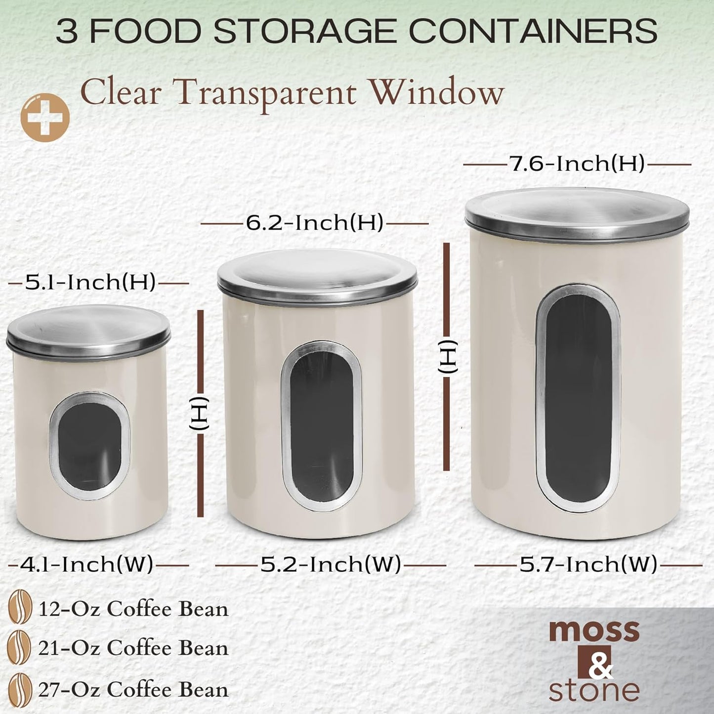 Moss & Stone 3-Piece Beige Canisters Sets For The Kitchen, Airtight Canister Set With See Through Window, Storage Jars for Coffee Container, Tea Organizer & Sugar Canister, Beige Kitchen Canisters
