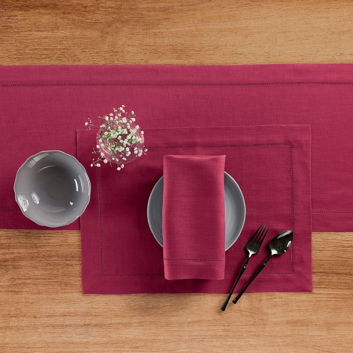 Solino Home Linen Beet Table Runner 90 Inches Long - 100% Pure Linen Hemstitch 14 x 90 Inch Table Runner for Dining, Fall, Autumn, Thanksgiving, Christmas, Holiday - Classic Hemstitch