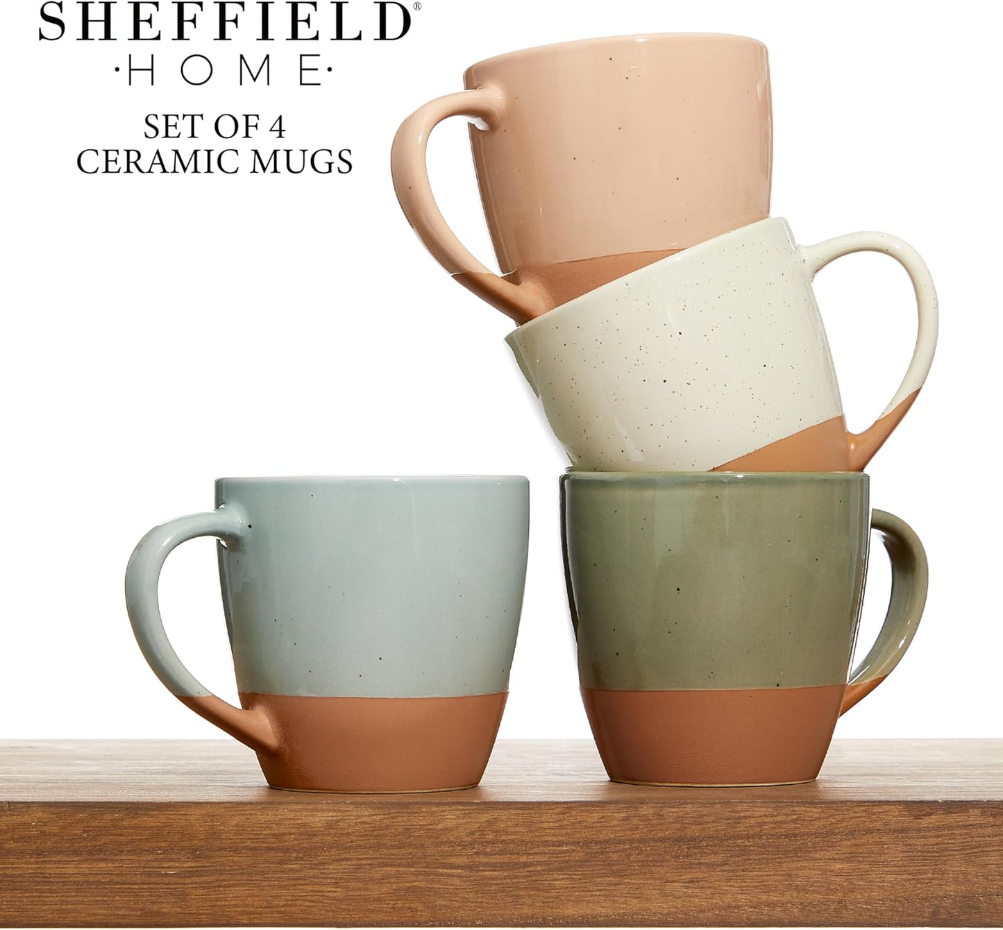 Sheffield Home Coffee Mugs Set of 4 Stoneware Mugs - 16oz Large Ceramic Coffee Mug with Handle - Dishwasher & Microwave Safe Classic Mug for Tea, Latte, Espresso and Cappuccino - Assorted Neutrals