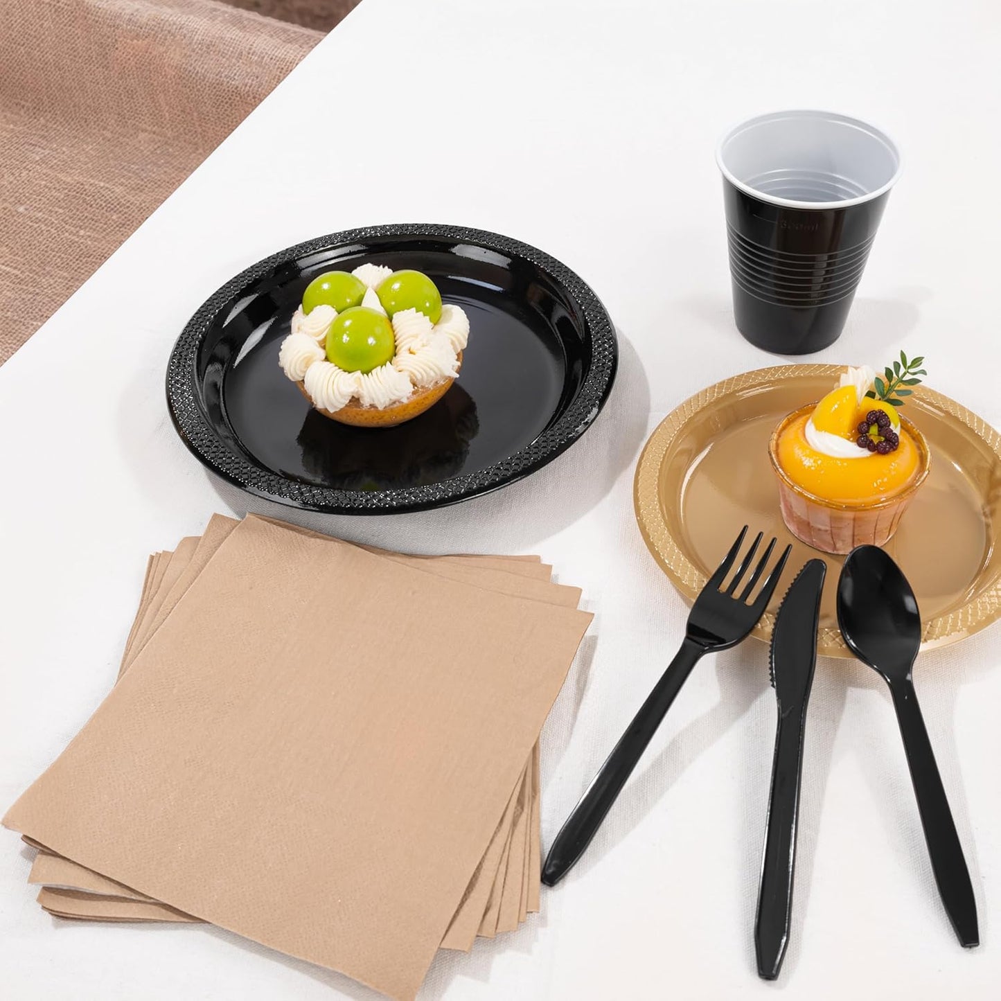 MirthMood 350PCS Black and Gold Plastic Plates,Black Disposable Plates –Plastic Plates Set Includes 50 Dinner,50 Dessert Plate,50 Cup&50 Napkins, 50 Black Silverware for Wedding& Parties& Halloween