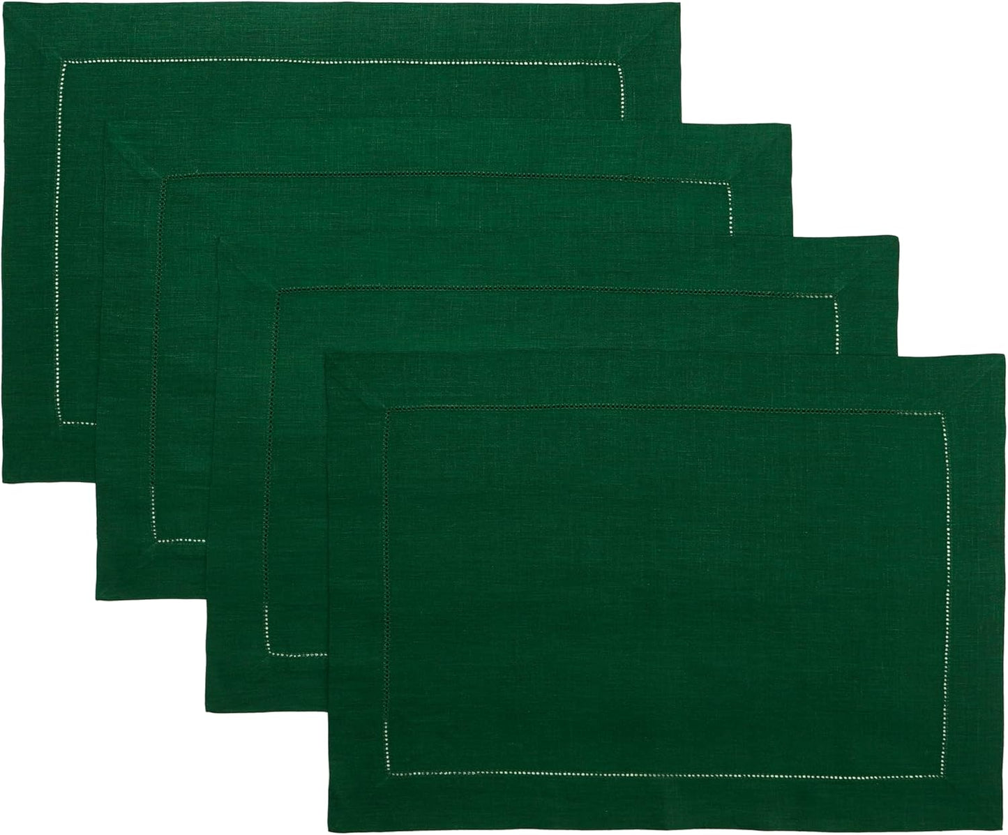 D'Moksha Homes Linen Placemats Set of 4 - Classic Hemstitch Forest Green Placemats 14 x 19 Inch - 100% Pure Linen Table Mats for Fall, Autumn and Halloween - Handcrafted and Machine Washable