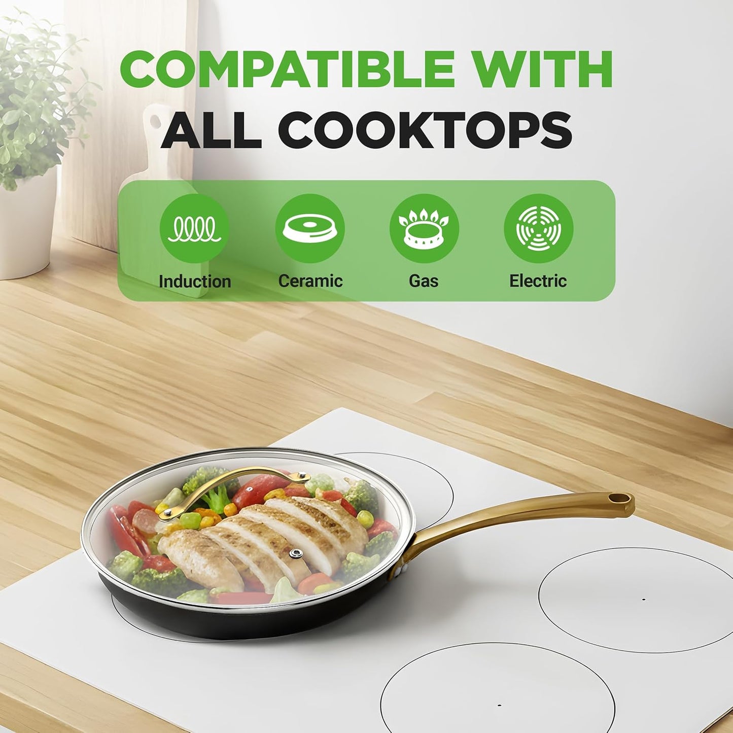 NutriChef 12-Inch Professional Ceramic Frying Pan With Lid - Large Skillet with Golden Titanium Handle, Non-Stick Ceramic Coating, Stain-Resistant, Easy to Clean, Ideal for Home Cooking