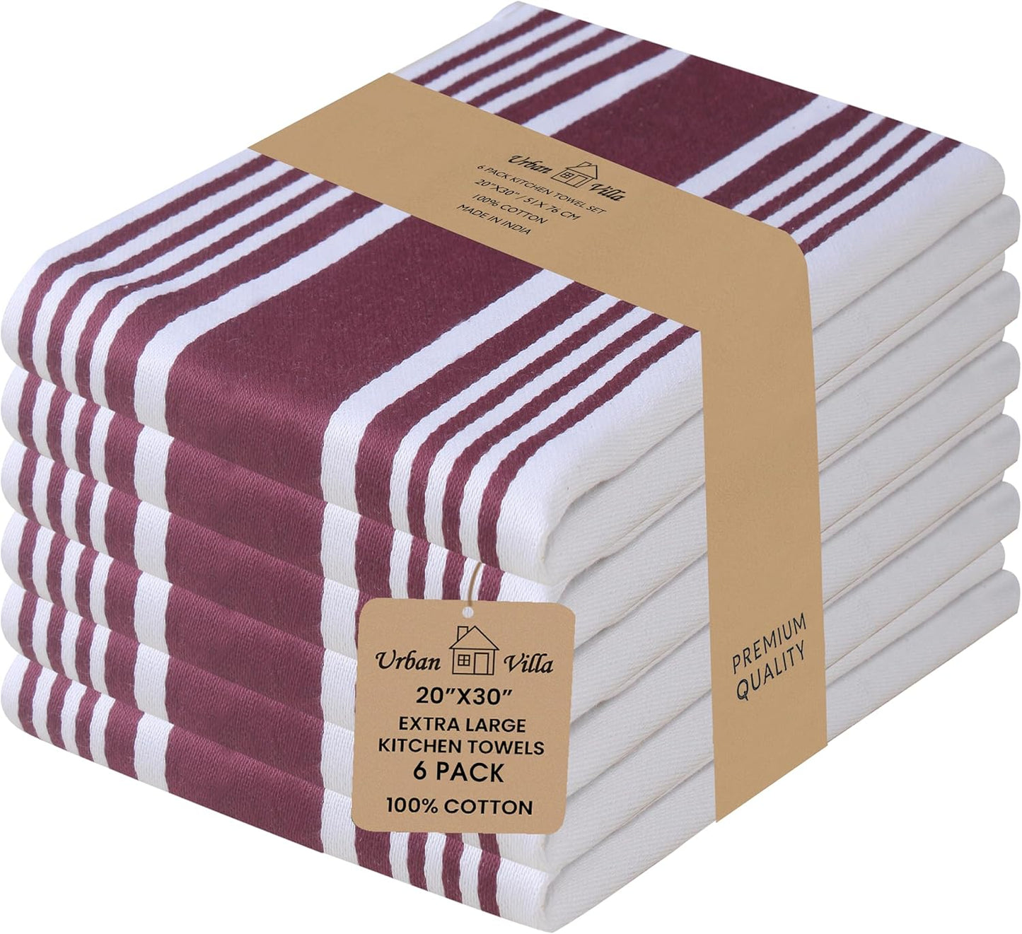 Urban Villa Kitchen Towels 100% Cotton Pack of 6, Highly Absorbent Quick Drying Super Soft Premium Dish Towels for Kitchen with Hanging Loop Hand & Tea Towels - 20x30 Inch, (Wine & White, Striped)